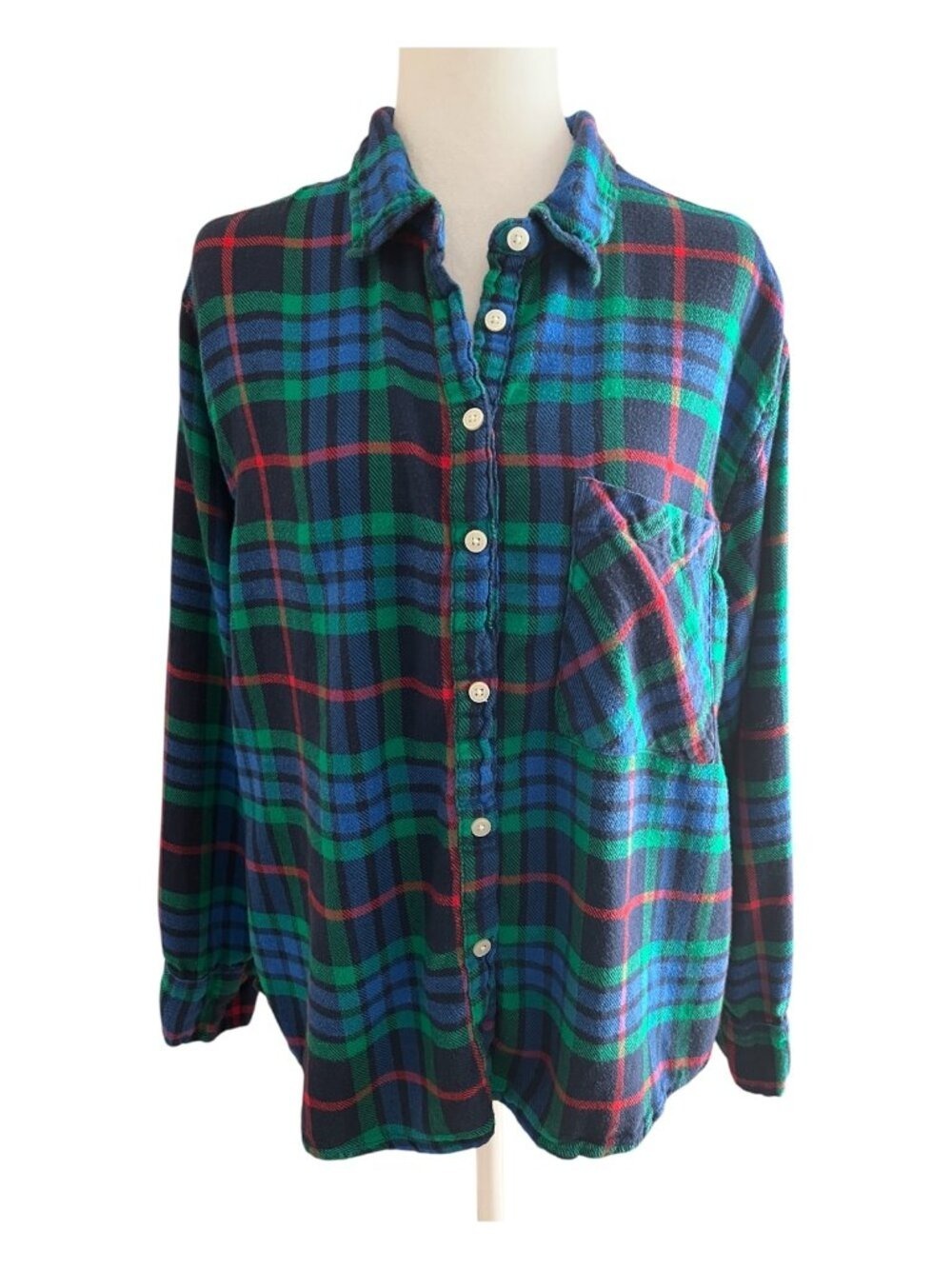 Aerie Blue, Green & Red Plaid Flannel Button-Up Shirt - Size Large